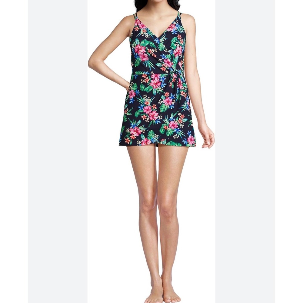 Lands End  Medium 10-12 Tulip hem Floral Swim Dress Navy Blue Tropical  surplice